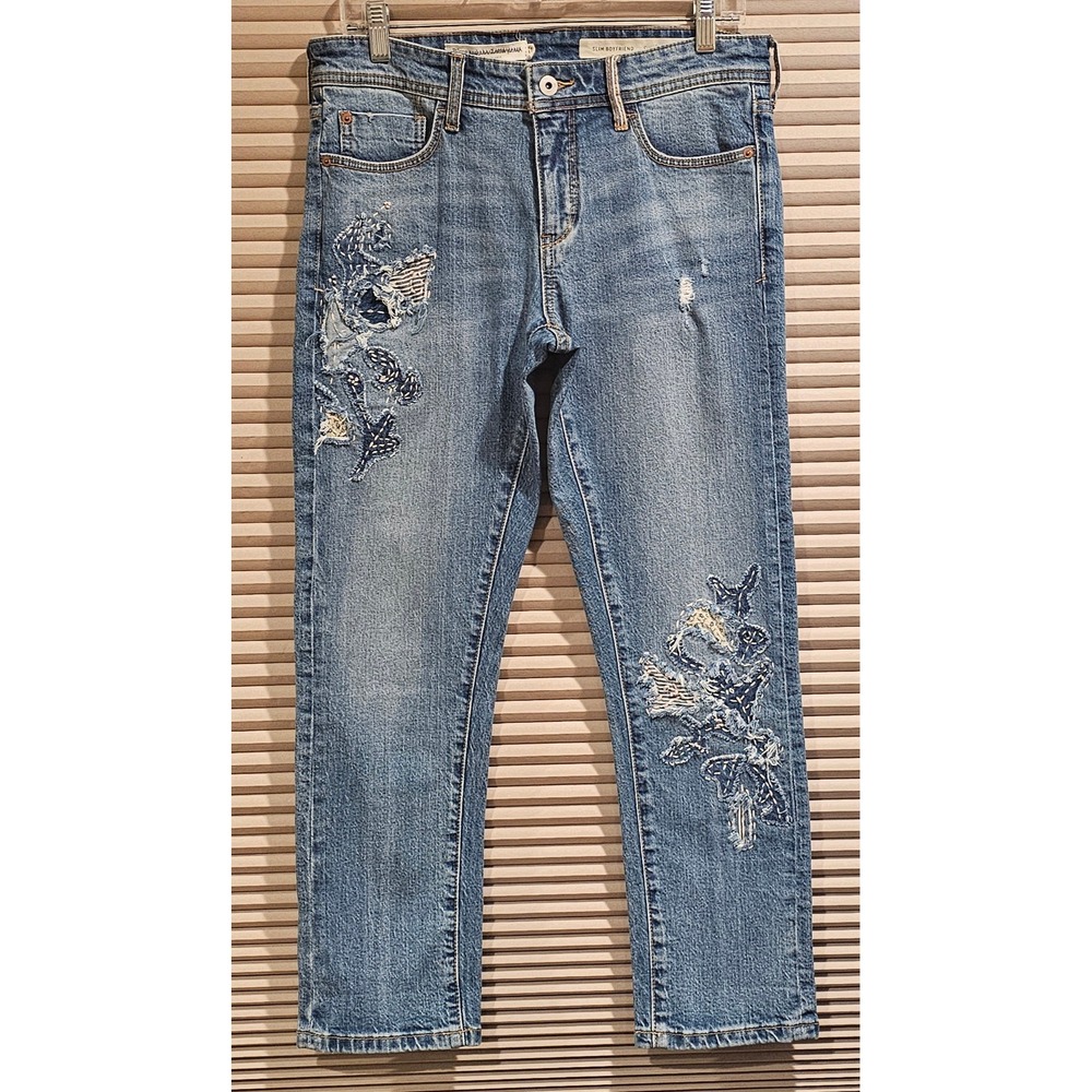 Pilcro Anthropologie Slim Boyfriend Embroidered Patchwork Jeans 28 Petite Boho